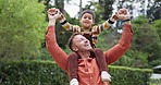 Father, son and garden on shoulders for plane games, laughing or bonding for love, care or sunshine. Man, boy child and airplane with freedom, balance or family together in home, excited or backyard