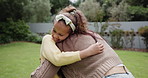 Family, hug and a daughter running to her mother in the garden of their home for summer bonding together. Energy, smile or happy with a woman parent embracing her excited girl child in the backyard