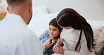 Healthcare, stethoscope of a doctor with a mother and son in their home for an appointment or checkup. Family, medical and trust with a pediatrician in an apartment for consulting or treatment