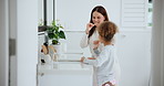 Oral, dental care and a family brushing teeth in the bathroom of a home together for morning routine. Toothbrush, toothpaste or hygiene with a mom and daughter cleaning their mouth in an apartment