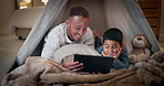 Tablet, child laugh and father with bedroom fort for social media, video or online gaming app at home. Website, dad and boy together with bonding, streaming and movie with duvet and internet in house