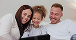 Tablet, girl and parents on bed with love, happy or streaming cartoon, show or games at home. Digital, app or laughing family in bedroom for storytelling, comic or ebook for staycation entertainment