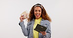 Happy woman, purse and money success, salary and income for savings, investment and income growth in studio. Face of person with wallet, cash and wealth of payment, bills or bonus on white background