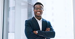 Portrait, business or black man in office with arms crossed, smile and pride for stock market trading, consulting or financial advisor. Happy trader, salesman or corporate broker in professional suit