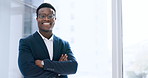 Portrait, happy black man and arms crossed in office with mockup, pride and financial advisor for stock market trading. Corporate trader, salesman and broker in professional business suit at window 