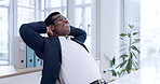 Business man, stretching and happy on computer for financial success, proposal and accounting report. African accountant or worker typing on desktop with office health, achievement or relax on break