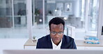 Business man, reading on computer and planning in office for online research and analysis on accounting software. African worker or accountant in glasses and vision for audit report or job solution