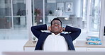 Relax, office and business black man at desk with hands on head for break, rest and stress relief. Corporate, professional and worker happy for finish work, project deadline and task in workplace