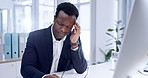 Businessman, headache and stress in pressure, burnout or mistake with eye strain by computer at office. Frustrated black man or employee with migraine sore head or ache in anxiety at workplace