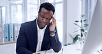 Business man, headache and glasses on computer for accounting mistake, financial crisis or bad investment. African worker or employee with eye pain, stress or frustrated with deadline in his office