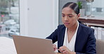 Business woman, laptop and typing email for proposal, schedule or communication on office desk. Female person or employee working on computer for daily tasks, agenda or project plan at workplace