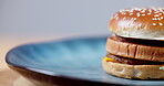 Burger, plate and closeup with lunch, fast food and meat with break for dinner or meal. Snack, cheese and bun with beef sandwich and cheeseburger with take away with spin and home with hamburger