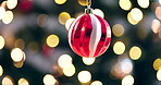 Christmas ball, golden bokeh and decoration for sparkle on festive holidays, celebration and holiday season in home. Party decor, illustration and xmas confetti with shimmer lights and shine in house