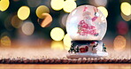 Christmas, snow globes or decoration on table for celebration, giving or happiness in home with bokeh. Santa clause, winter or souvenir for white xmas, party or blizzard balls as gift in apartment