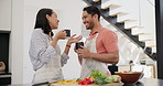 Happy couple, cooking and conversation with drink, coffee and memory in morning, home and bonding. Man, woman and smile for food, listening and comic joke with tea, coco or latte with laugh in house
