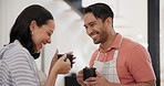 Happy couple, laugh and conversation with drink, coffee and memory in morning, home and bonding. Asian man, woman and smile for chat, listen or comic joke with tea, coco or latte with laugh in house
