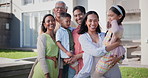 Family, children and outdoor by new home for real estate, property investment and mortgage in neighborhood. Face or portrait of happy interracial parents, grandparents and kids in backyard of house