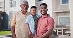 Smile, hugging and child with father and grandfather in garden of new family home, property or real estate. Happy, love and portrait of boy kid with dad and senior man embracing with care at house.