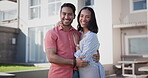 Happy couple, outdoor and new home, real estate and property, investment or homeowner in neighborhood. Face of interracial people or woman and man hug together and moving in dream house and backyard