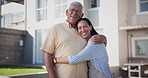 Smile, hugging and woman with senior father in the garden of new family home, property or real estate. Happy, love and portrait of young female person with elderly dad embracing with care at house.