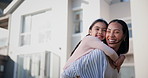 Mom, child and piggy back in garden, outdoor and backyard at family home with talking, smile and playing. Happy woman, mother and daughter for game, conversation and bonding with love, girl or summer