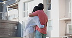 Couple, back and hug outdoor at new home for success, achievement or pride for real estate investment. Woman, man and embrace for house, property or fresh start in summer, backyard garden or mortgage