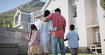 Family, back and hug outdoor at new home for success, achievement or pride in real estate investing. Parents, kids and love at house, property or fresh start on lawn, backyard or garden in Cape Town