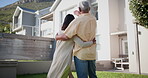 Back of couple, outdoor and new home, real estate and planning for property investment or ideas in backyard. Senior people hug together with love for retirement, suburban house and architecture dream