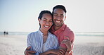 Happy couple, face and beach smile on vacation for relax romance, outdoor connection or relationship care. Man, woman and hug embrace on sand for summer travel or nature, adventure for sea sunshine