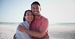 Happy couple, face and beach smile on holiday for relax romance, outdoor connection or relationship care. Man, woman and hug embrace on sand for summer travel or vacation, adventure for sea sunshine