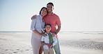 Love, hug and face of happy family at beach for travel, adventure and bonding in nature together. Portrait, support and kid with parents at the ocean for vacation, holiday or summer trip in Florida