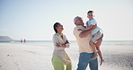 Grandparents, child and hug on beach love for holiday adventure, ocean vacation or nature relax. Man, woman and young boy embrace on sand for tropical journey or sea travel, summer at sunshine coast