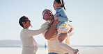 Running child, grandpa and hug with mother at a beach for tickle, fun or games in nature together. Love, happy family and senior man embrace girl child at the ocean for bonding, playing or travel