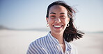 Beach, holiday and face of happy woman in summer, vacation and relax in nature. Laughing, person and portrait with smile from travel, freedom and wellness in Brazil sunshine or outdoor with a breeze