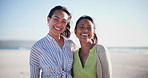 Mature mom, woman and face at beach with smile, hug and care in summer sunshine, love and outdoor together. Ocean vacation, mother and daughter with bonding, freedom or portrait by waves in Cape Town