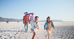 Parents, children and airplane toys at beach, running and freedom with playing, happy and together in summer. Mother, father and kids with plane, family vacation and outdoor by sea, sand or ocean