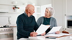 Senior couple, stress with bills and documents, debt or financial planning for budget risk or asset management at home. Elderly woman talking to man of loan mistake, bankruptcy or mortgage letter