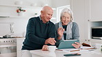 Senior couple, video call and tablet for home communication, conversation and wave hello in lens flare. Happy, elderly woman and man in virtual network, internet or social media on digital technology