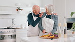 Happy, senior couple and cooking in kitchen for meal prep, lunch and ingredients for dinner at home. Old man chat to elderly woman while cutting healthy vegetables, food and nutrition in retirement