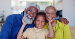 Grandparents, hug or face of kid in happy family on sofa with love, smile or bond together in home. Support, elderly people or African kid with senior grandmother or grandfather on couch with care