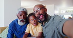 Funny face, crazy selfie and family men on a sofa with love, games or memory in their home together. Portrait, comic and silly kid with dad, grandparent and goofy moment for profile picture in house