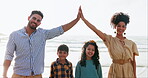 Family high five, parents and children on beach in portrait for vacation, summer holiday and travel security with love. Face of interracial people, mother and father with kids for cover and insurance