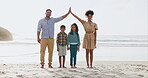 Family insurance, parents and children on beach in portrait for vacation, summer holiday and travel security with love. Happy interracial people, mother and father with kids for cover and high five