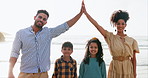 Family insurance, parents and kids on beach in portrait for vacation, summer holiday and travel security with love. Face of interracial people, mother and father with children for cover and high five