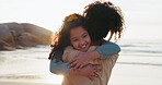 Daughter, face and mother to hug on beach, smile and nature to relax for calm holiday. Happy family, woman and child with bonding in portrait, love and travel vacation by coast for peace wellness