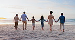 Back, holding hands and family with sunset, ocean and vacation with ocean, water and support. Grandparents, mother and father with children, kids and beach with adventure, sea and holiday on a break