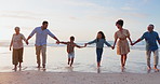 Back, holding hands and family with beach, walking and vacation with ocean, water and support. Grandparents, mother or father with children, kids or relax with adventure, sunset or holiday on a break