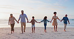 Back, holding hands and family with beach, travel and vacation with ocean, water and support. Grandparents, mother and father with children, kids or journey with adventure, sea and holiday on a break