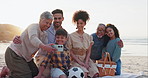 Big family selfie, sea or happy kids in nature with grandparents on holiday vacation. Dad, beach or children bonding with mom, grandmother or grandfather in fun photograph for a memory together 