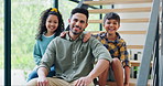 Happy father, children and stairs in new home, real estate or family bonding together at house. Portrait of dad and kids smile in relax for moving, relocation or property investment on staircase